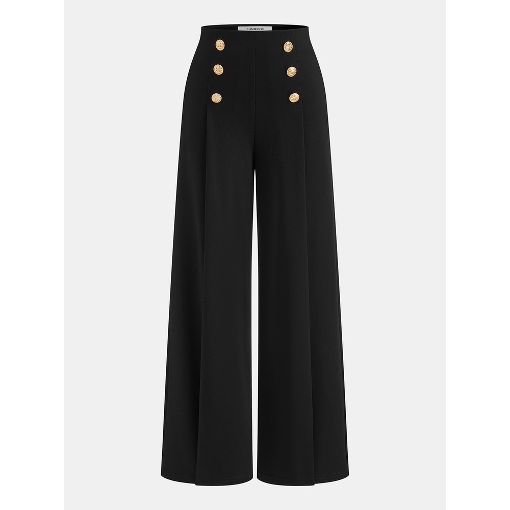 Commense Trousers Women Small Black Sailor Gold Button High Waist Wide Leg